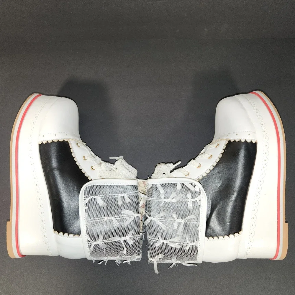 HILIB Platform Ankle Boots Womens White Black Lace Bow Kawaii Lolita Goth Shoes